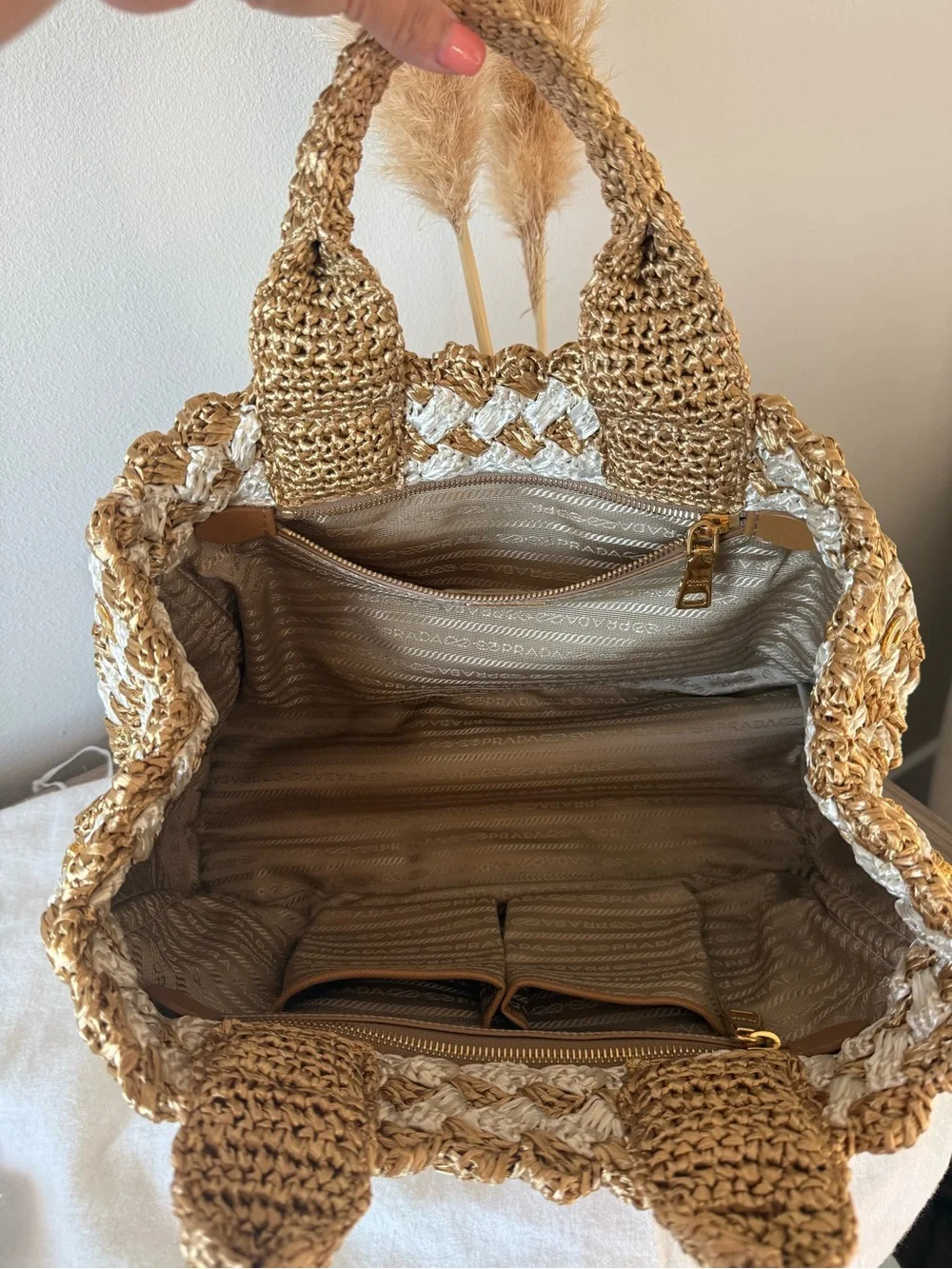 Prada Triangle Raffia Canapa Tote -  Gold & White